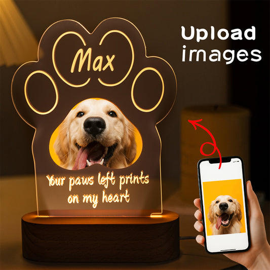 Custom Pet Memorial Paw Print LED Lamp – Personalized Dog or Cat Photo Night Light