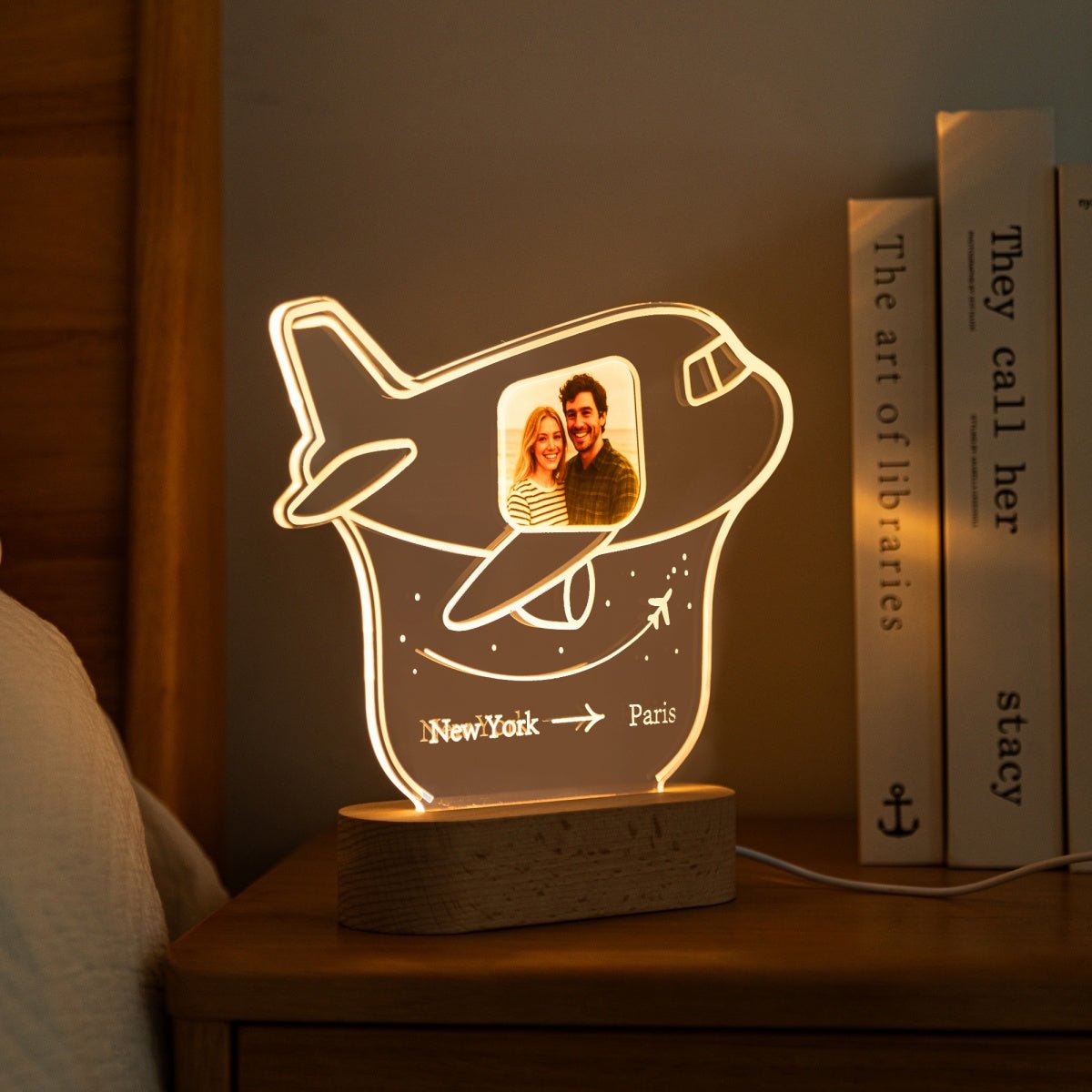 Acrylic airplane lamp with personalized photo – shown with remote control and branded packaging - MoeCraze