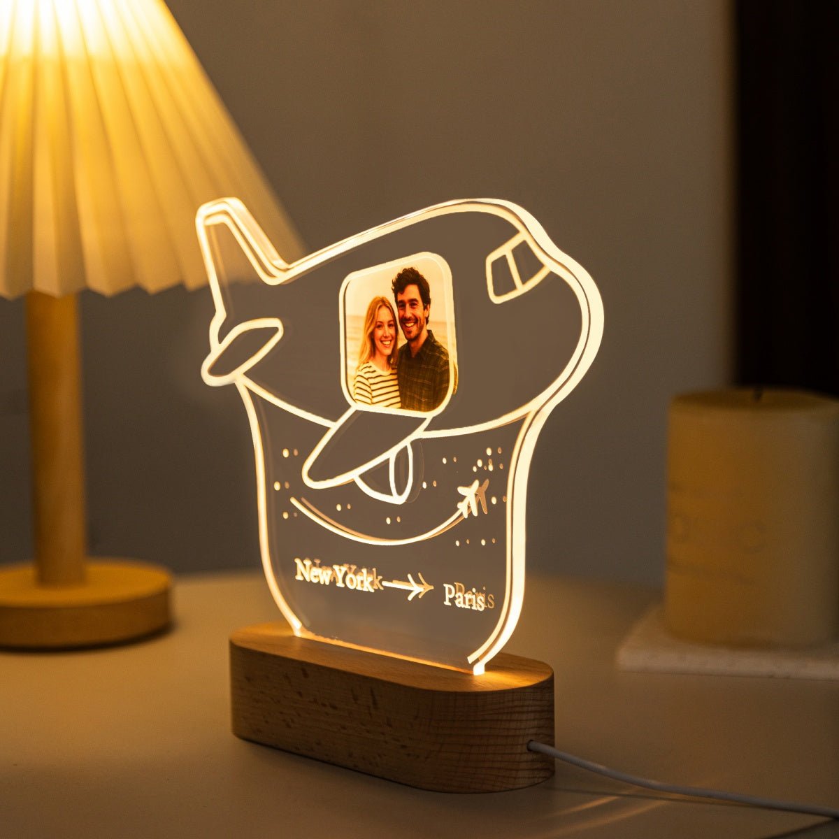 Personal photo lamp in airplane shape – engraved base and warm glow- MoeCraze