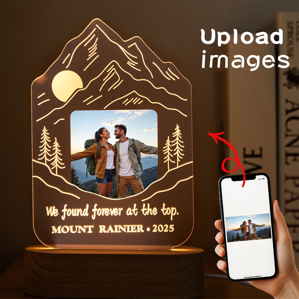 Custom Mountain Silhouette LED Lamp with Photo – Personalized Hiking Couple Night Light - MoeCraze