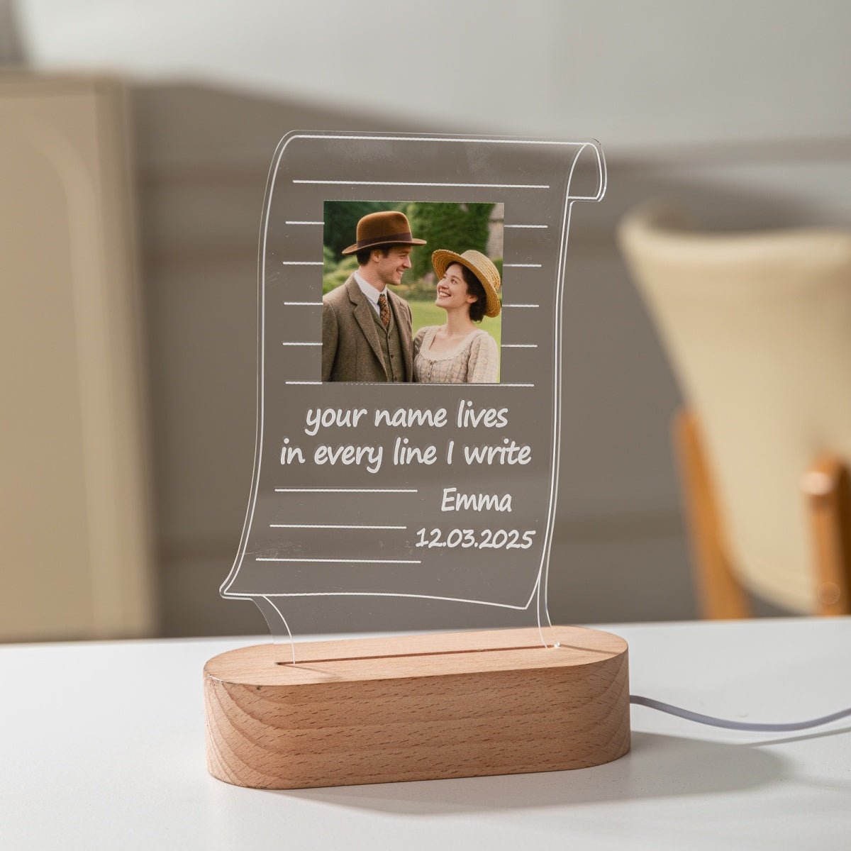 Custom Scroll Acrylic Photo Night Light – Personalized Gift with Quote, Date & Picture - MoeCraze
