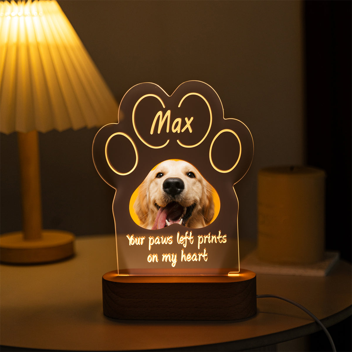 Custom Pet Memorial Paw Print LED Lamp – Personalized Dog or Cat Photo Night Light