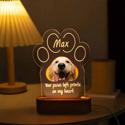 Custom Pet Memorial Paw Print LED Lamp – Personalized Dog or Cat Photo Night Light