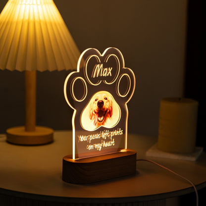 Custom Pet Memorial Paw Print LED Lamp – Personalized Dog or Cat Photo Night Light