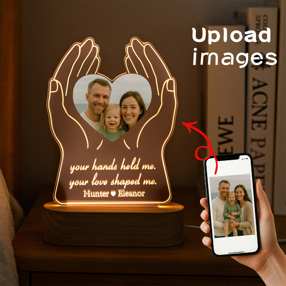 Custom Hands Holding Heart Photo LED Light – Personalized Family Keepsake Lamp