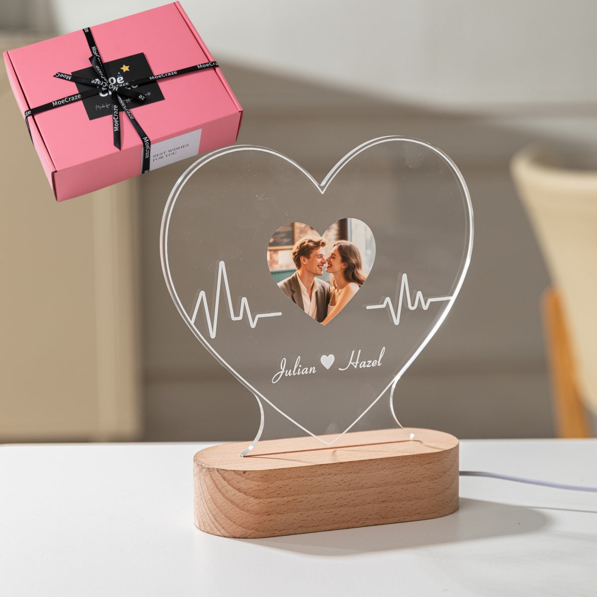 Custom Heartbeat Acrylic Photo Light – Personalized LED Gift for Couples