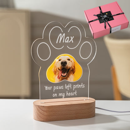 Custom Pet Memorial Paw Print LED Lamp – Personalized Dog or Cat Photo Night Light