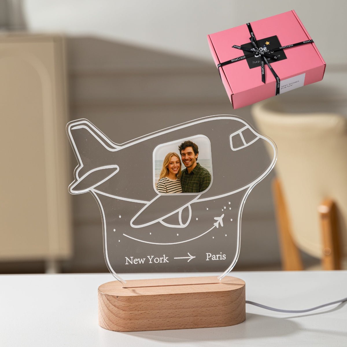 Custom airplane photo lamp in gift box – branded packaging for romantic long-distance gift- MoeCraze