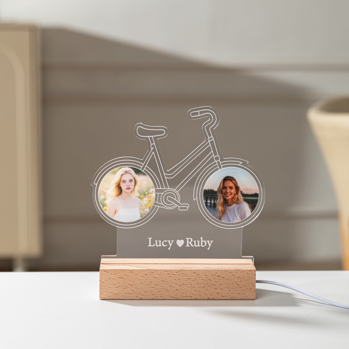 Custom Couple Bike Photo Light – Personalized LED Gift with Two Pictures & Names - MoeCraze