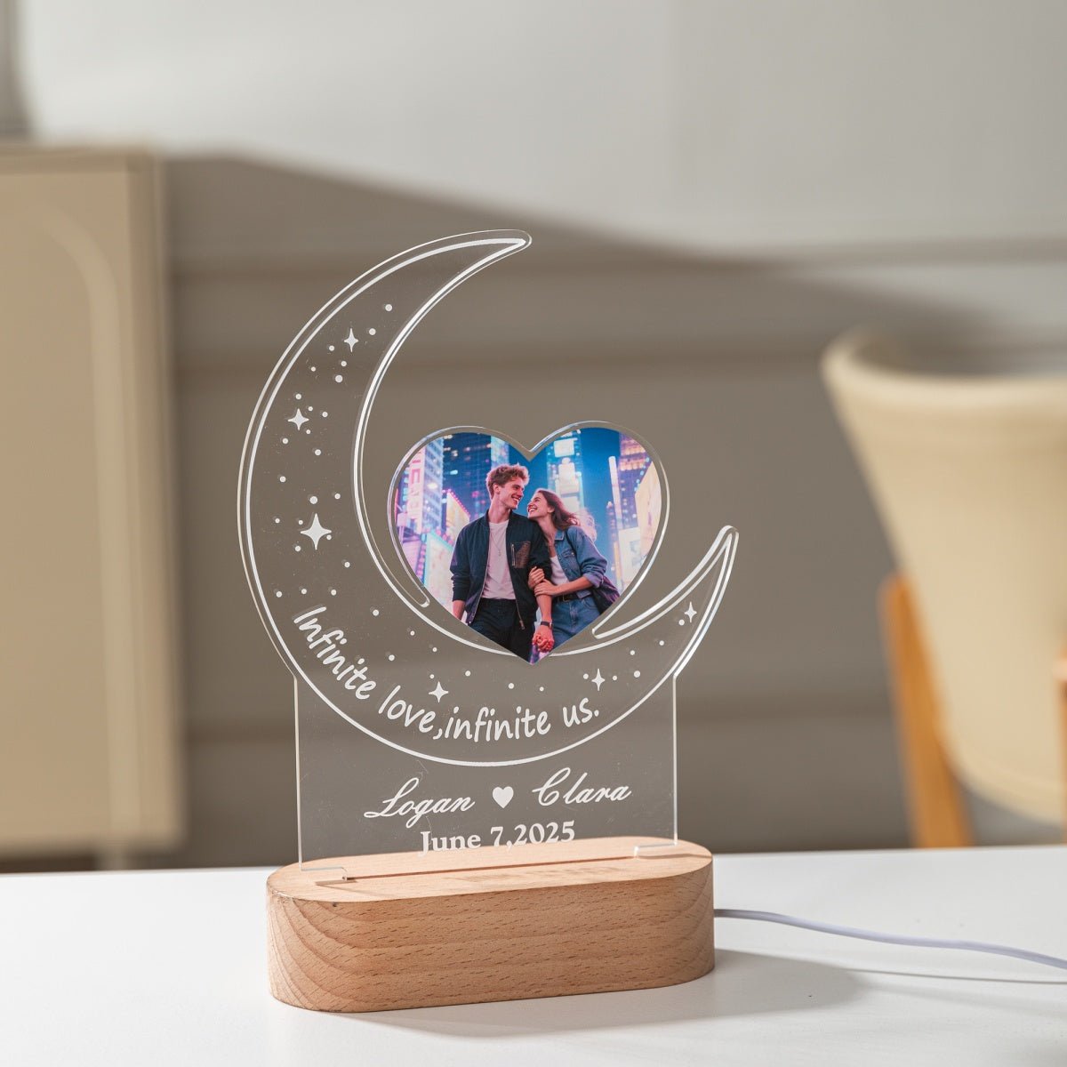 Custom Moonlight Acrylic Lamp with Heart Photo | Romantic Couple Gift with Names & Date - MoeCraze