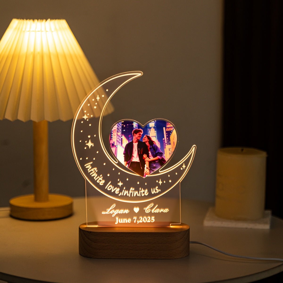 Custom Moonlight Acrylic Lamp with Heart Photo | Romantic Couple Gift with Names & Date - MoeCraze