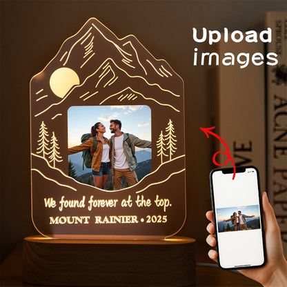 Custom Mountain Silhouette LED Lamp with Photo – Personalized Hiking Couple Night Light - MoeCraze