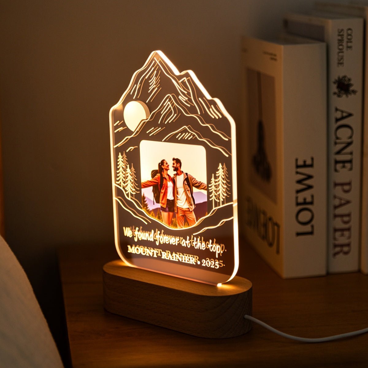 Custom Mountain Silhouette LED Lamp with Photo – Personalized Hiking Couple Night Light - MoeCraze