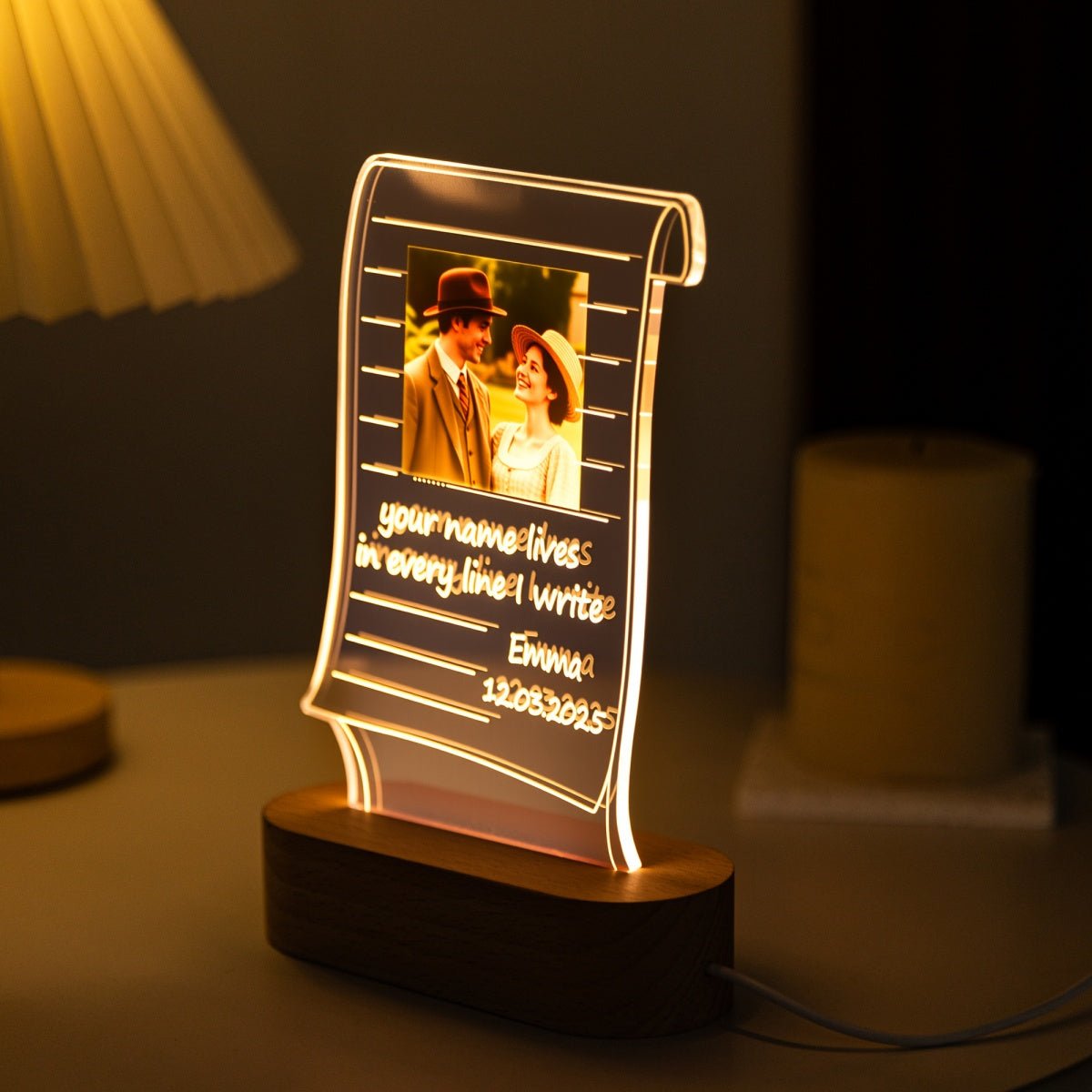 Custom Scroll Acrylic Photo Night Light – Personalized Gift with Quote, Date & Picture - MoeCraze