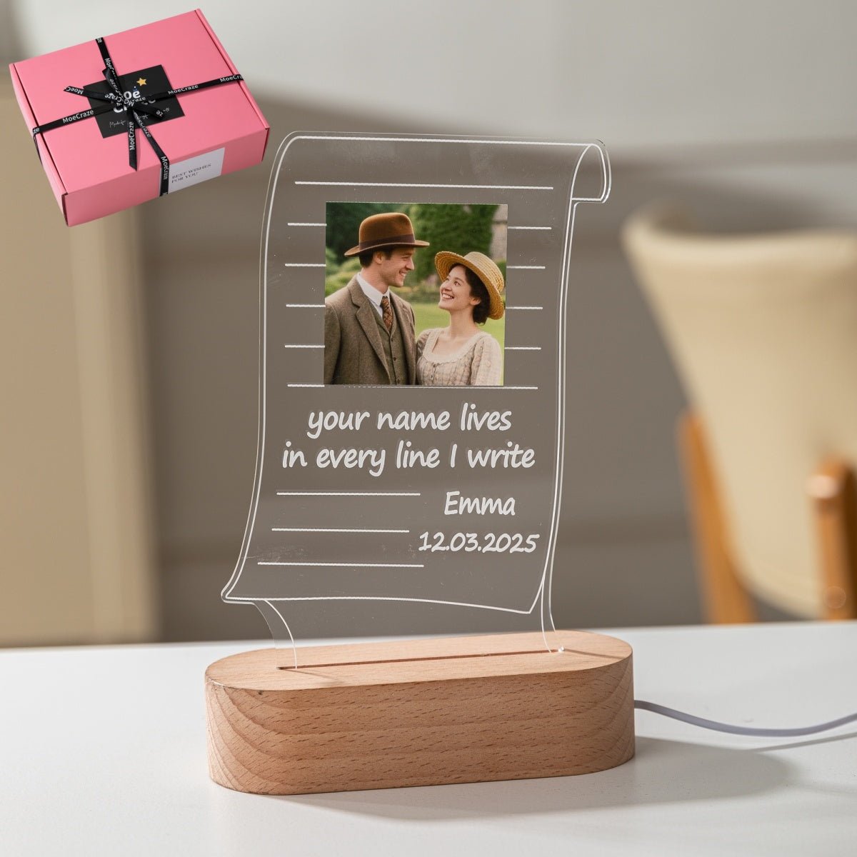 Custom Scroll Acrylic Photo Night Light – Personalized Gift with Quote, Date & Picture - MoeCraze