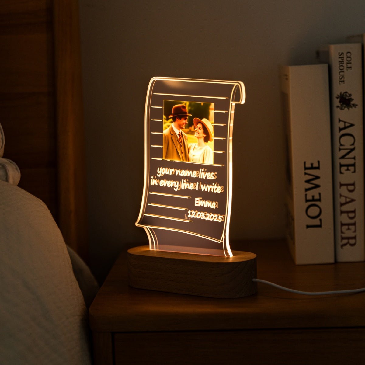 Custom Scroll Acrylic Photo Night Light – Personalized Gift with Quote, Date & Picture - MoeCraze